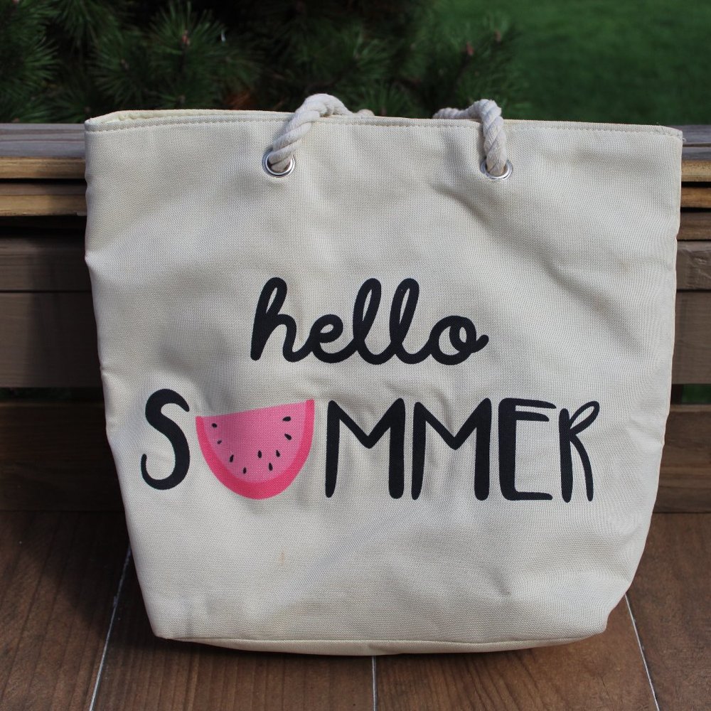 HELLO SUMMER Canvas lined tote bag, rope handle, snap closure